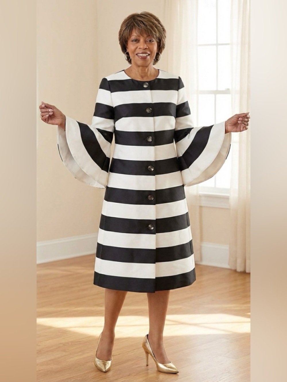 Black and White Striped Coat/Dress with Flared Sleeves
